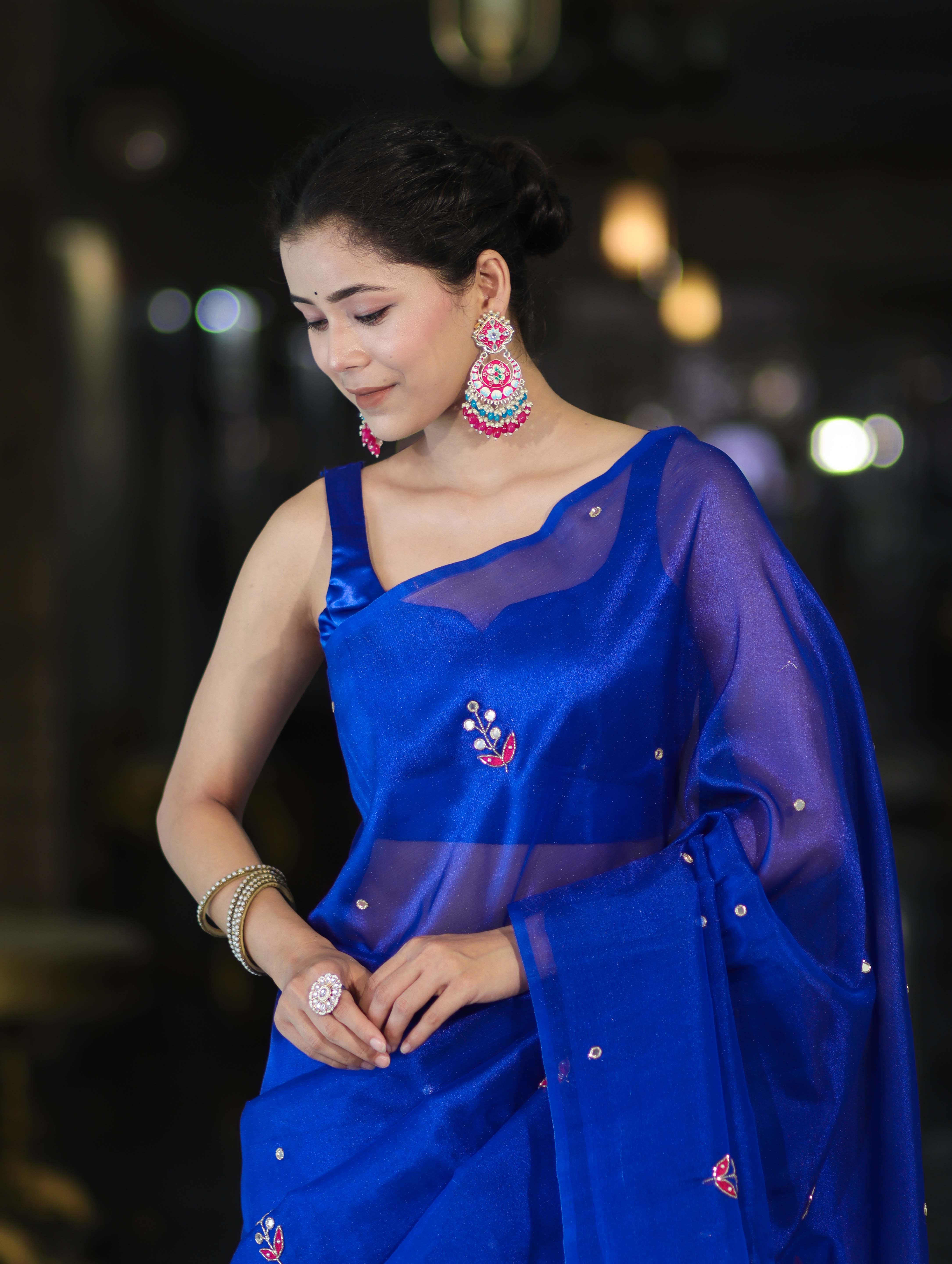 Banarasee Handwoven Tissue Saree With Floral Motifs & Mirror Work-Blue