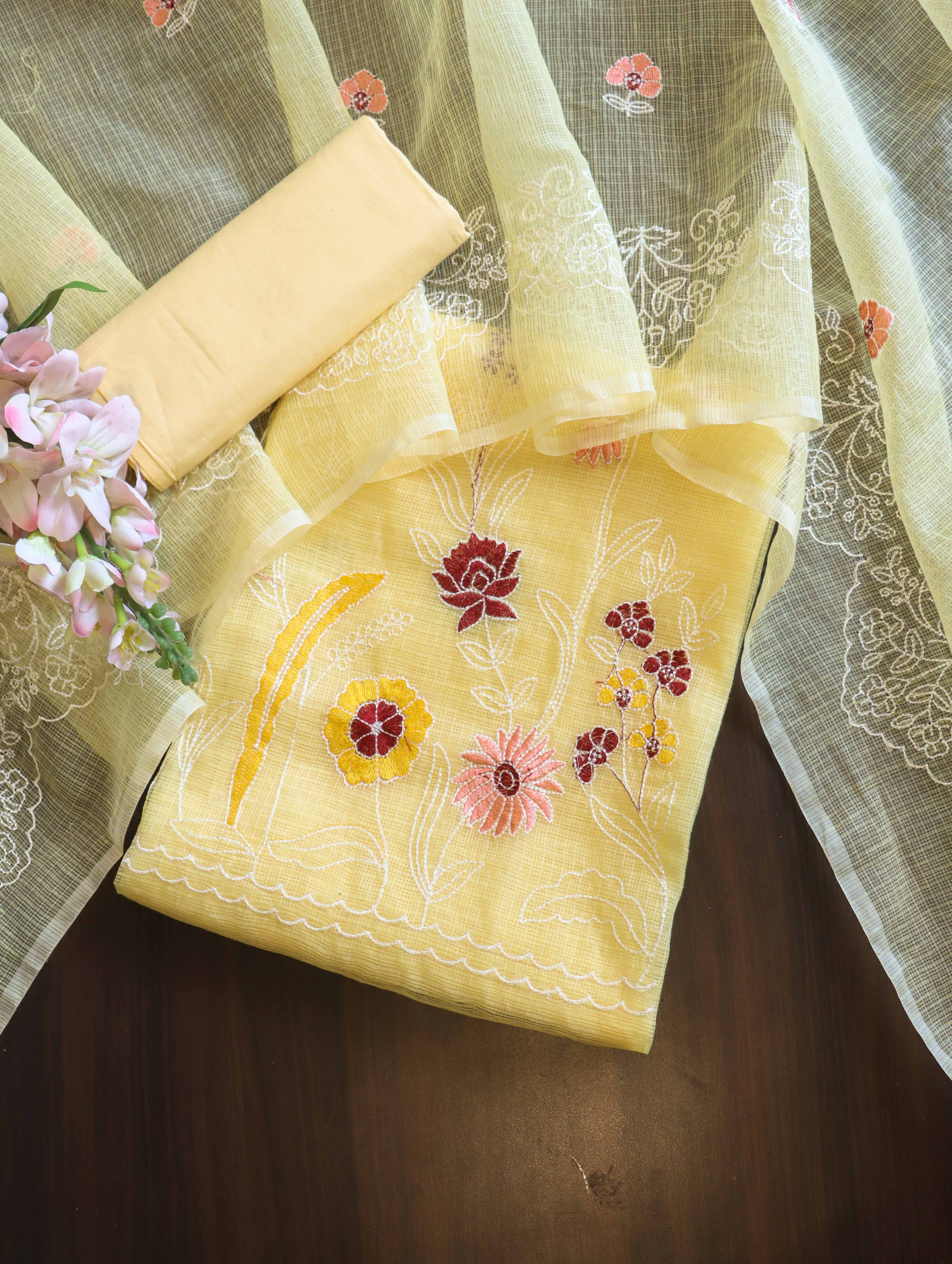 Banarasee Kota Doria Hand Embroidered Salwar Kameez Dupatta Set-Light Yellow