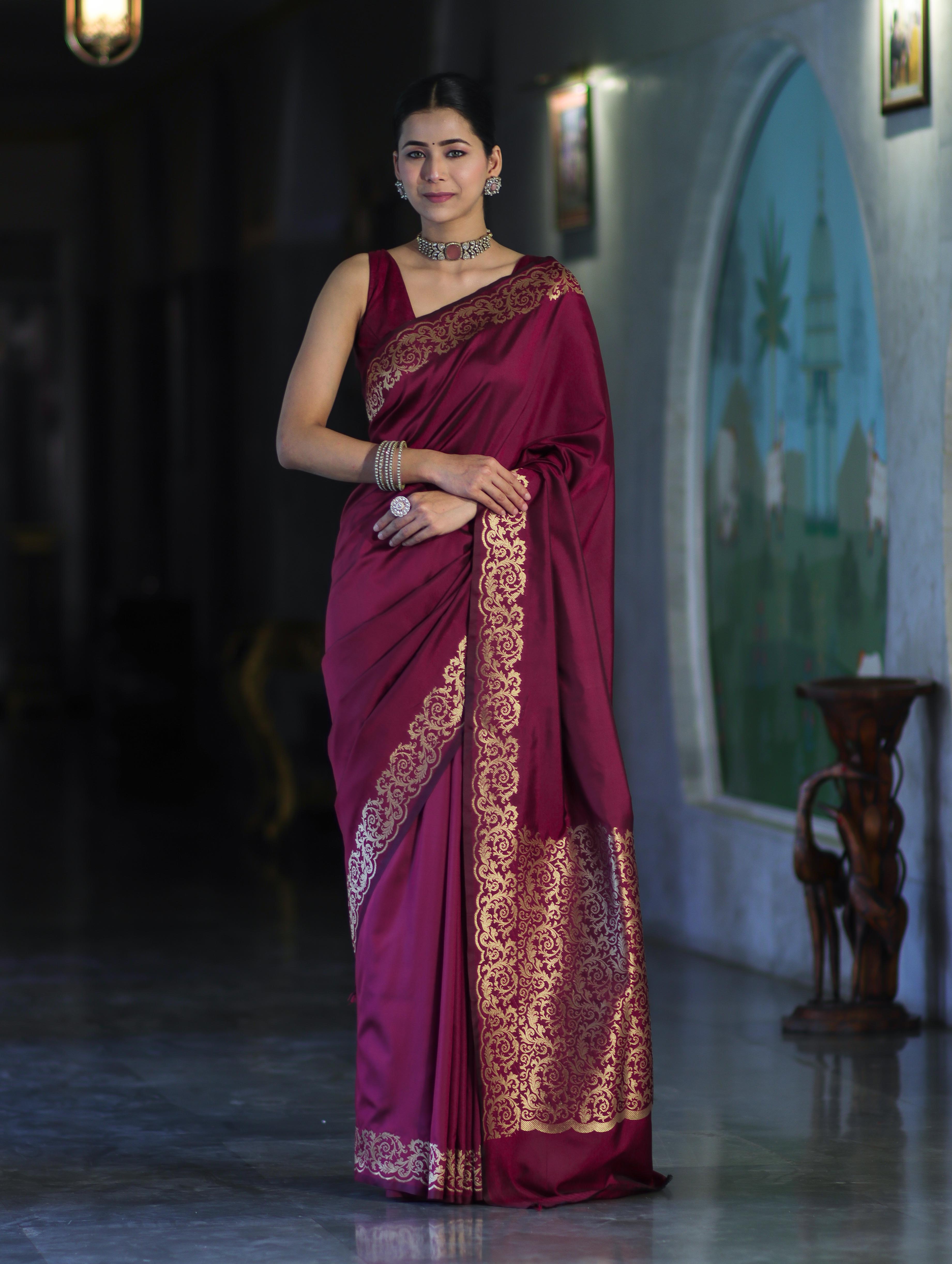 Banarasee Handloom Plain Semi Katan Saree With Gold Zari Border-Burgundy
