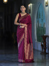 Banarasee Handloom Plain Semi Katan Saree With Gold Zari Border-Burgundy