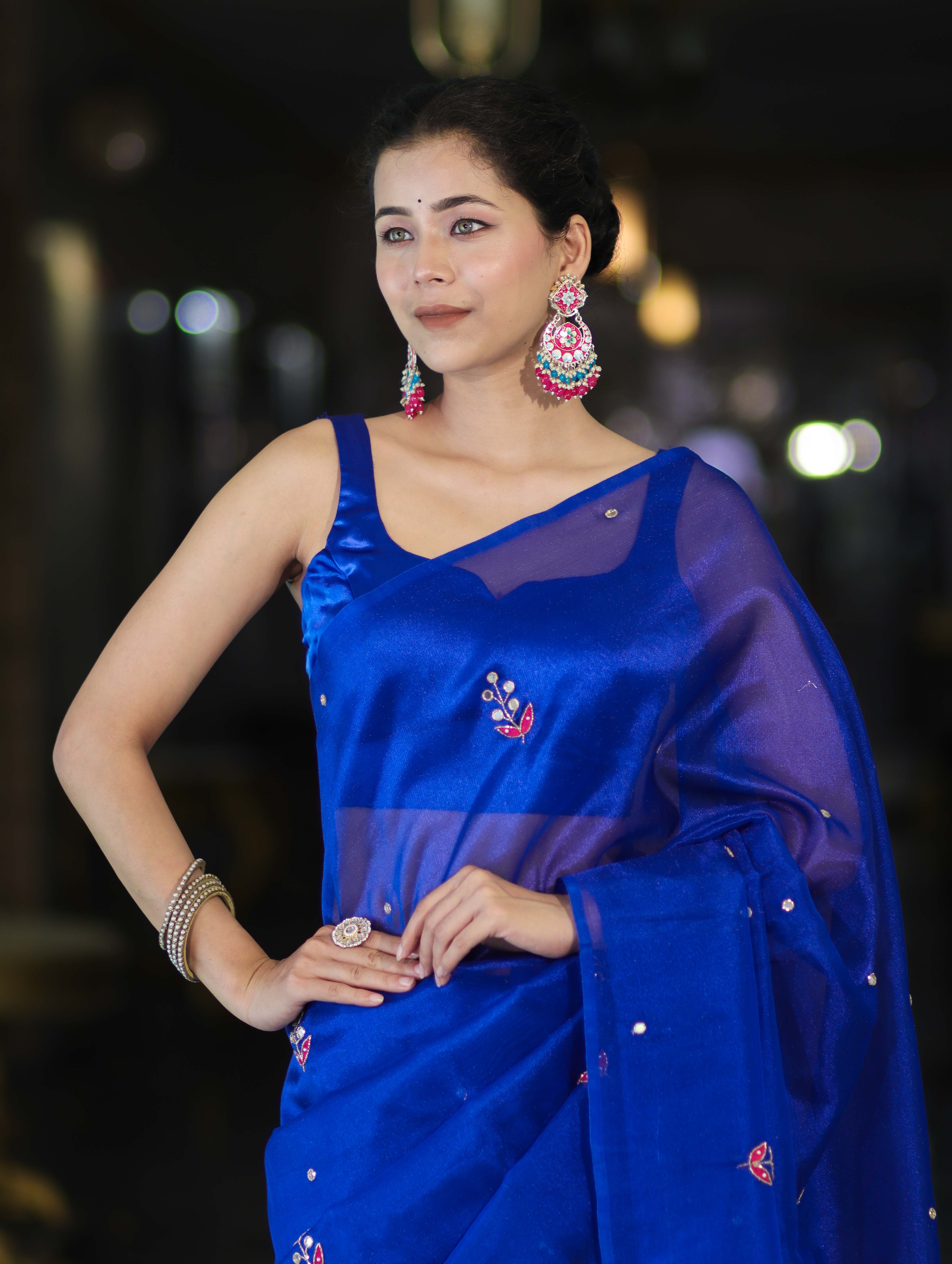 Banarasee Handwoven Tissue Saree With Floral Motifs & Mirror Work-Blue