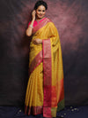 Banarasee Kora Muslin Saree With Contrast Border-Yellow & Pink