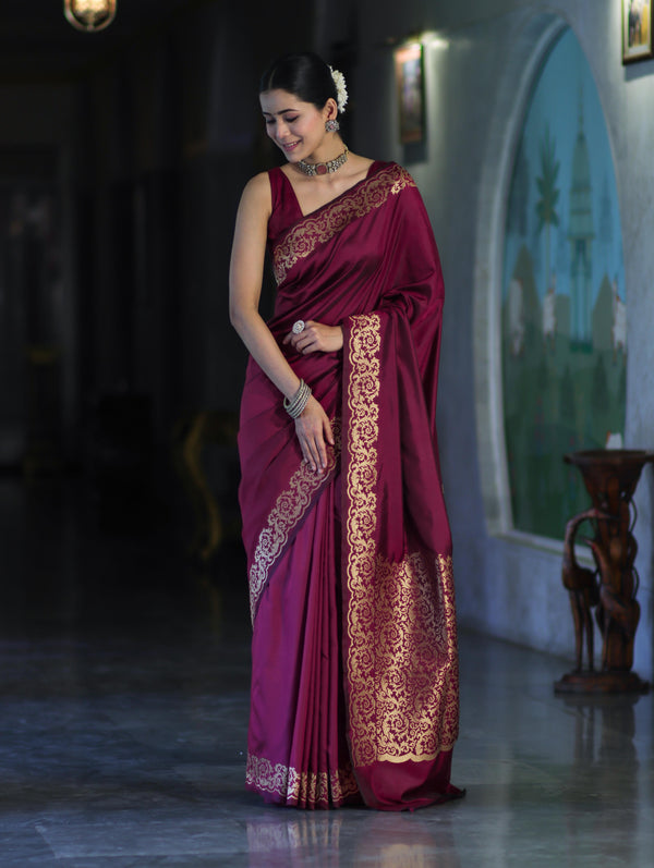 Banarasee Handloom Plain Semi Katan Saree With Gold Zari Border-Burgundy