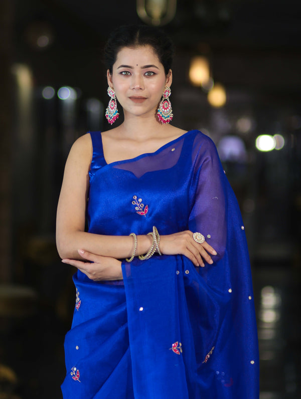 Banarasee Handwoven Tissue Saree With Floral Motifs & Mirror Work-Blue