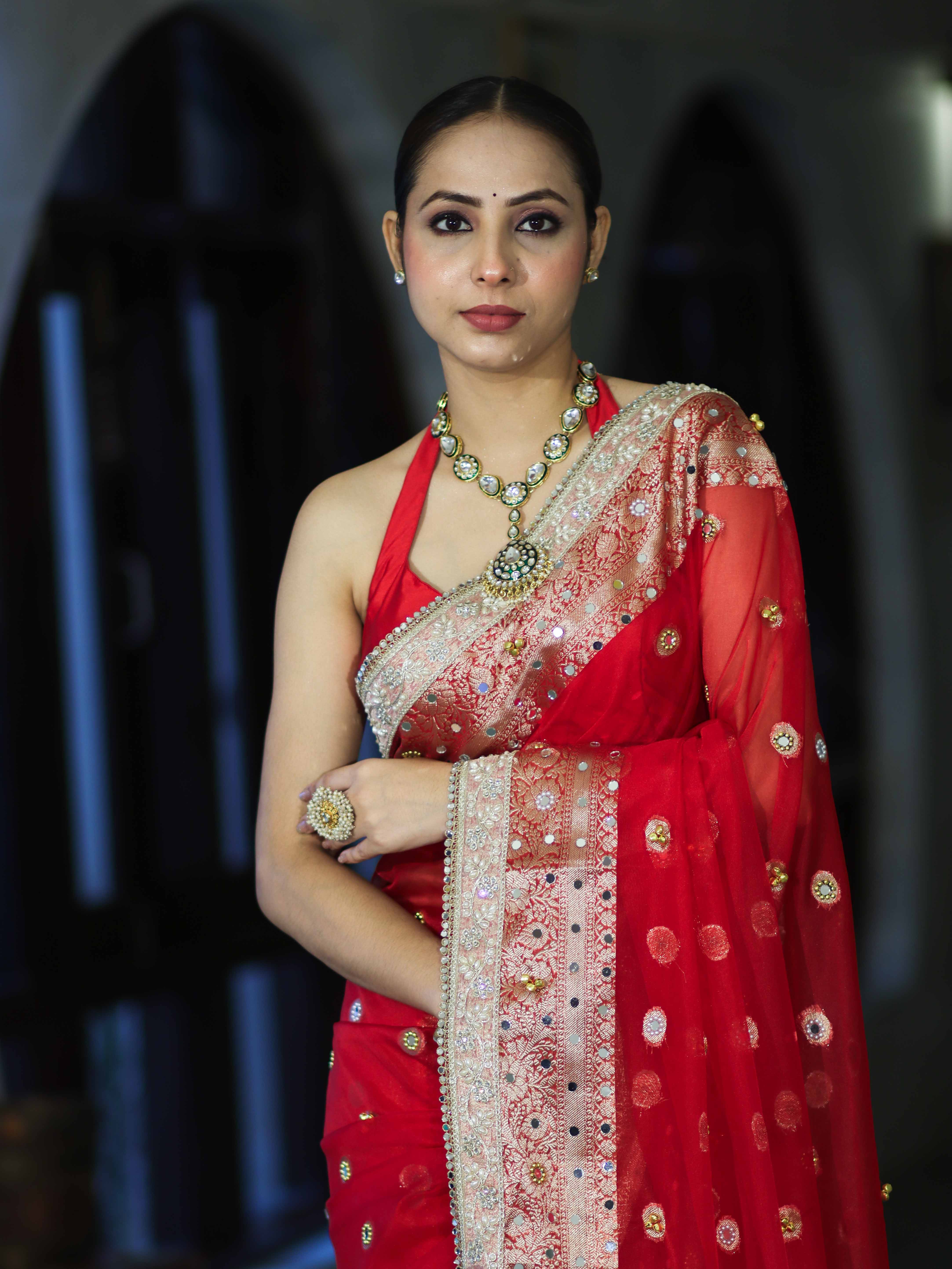 Banarasee Chiffon Hand Embroidered Saree With Mirror & Ghungroo Work-Red