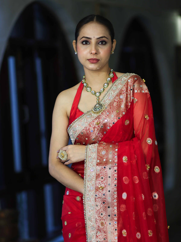 Banarasee Chiffon Hand Embroidered Saree With Mirror & Ghungroo Work-Red