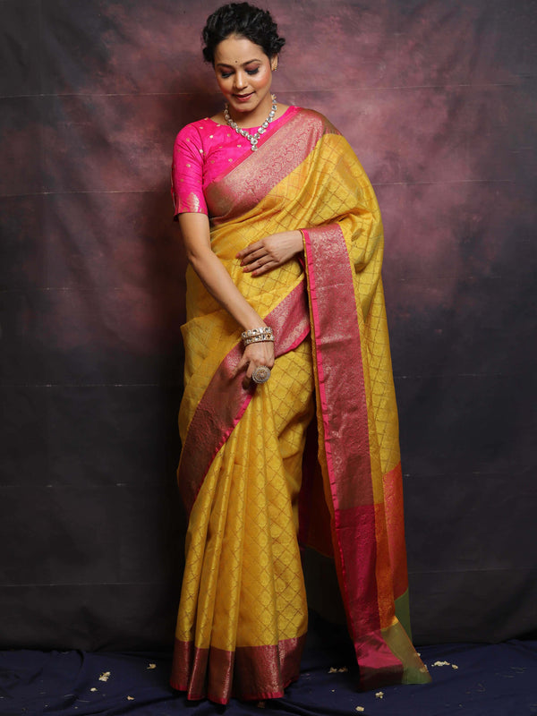 Banarasee Kora Muslin Saree With Contrast Border-Yellow & Pink