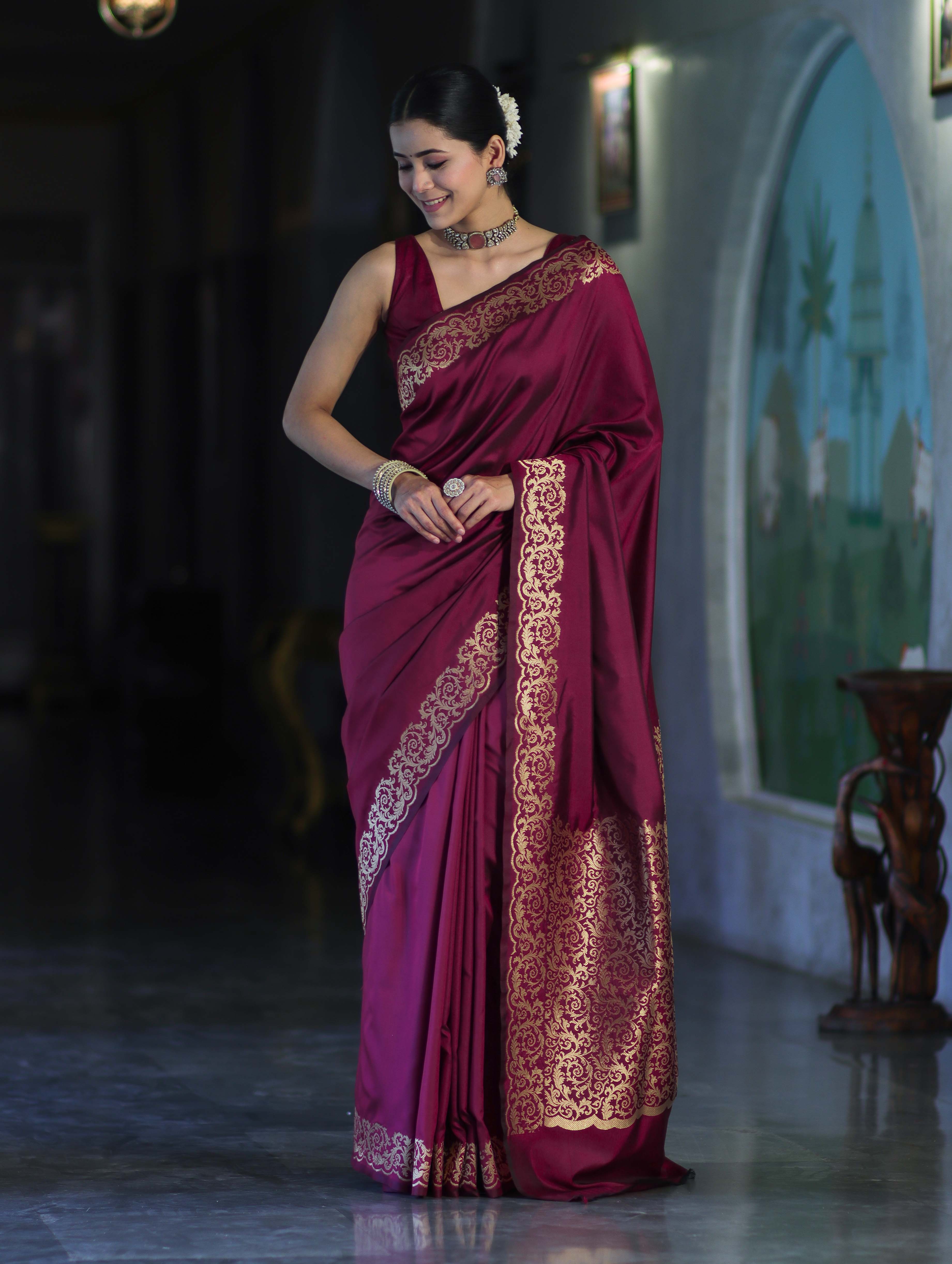Banarasee Handloom Plain Semi Katan Saree With Gold Zari Border-Burgundy