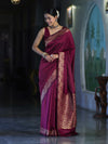 Banarasee Handloom Plain Semi Katan Saree With Gold Zari Border-Burgundy