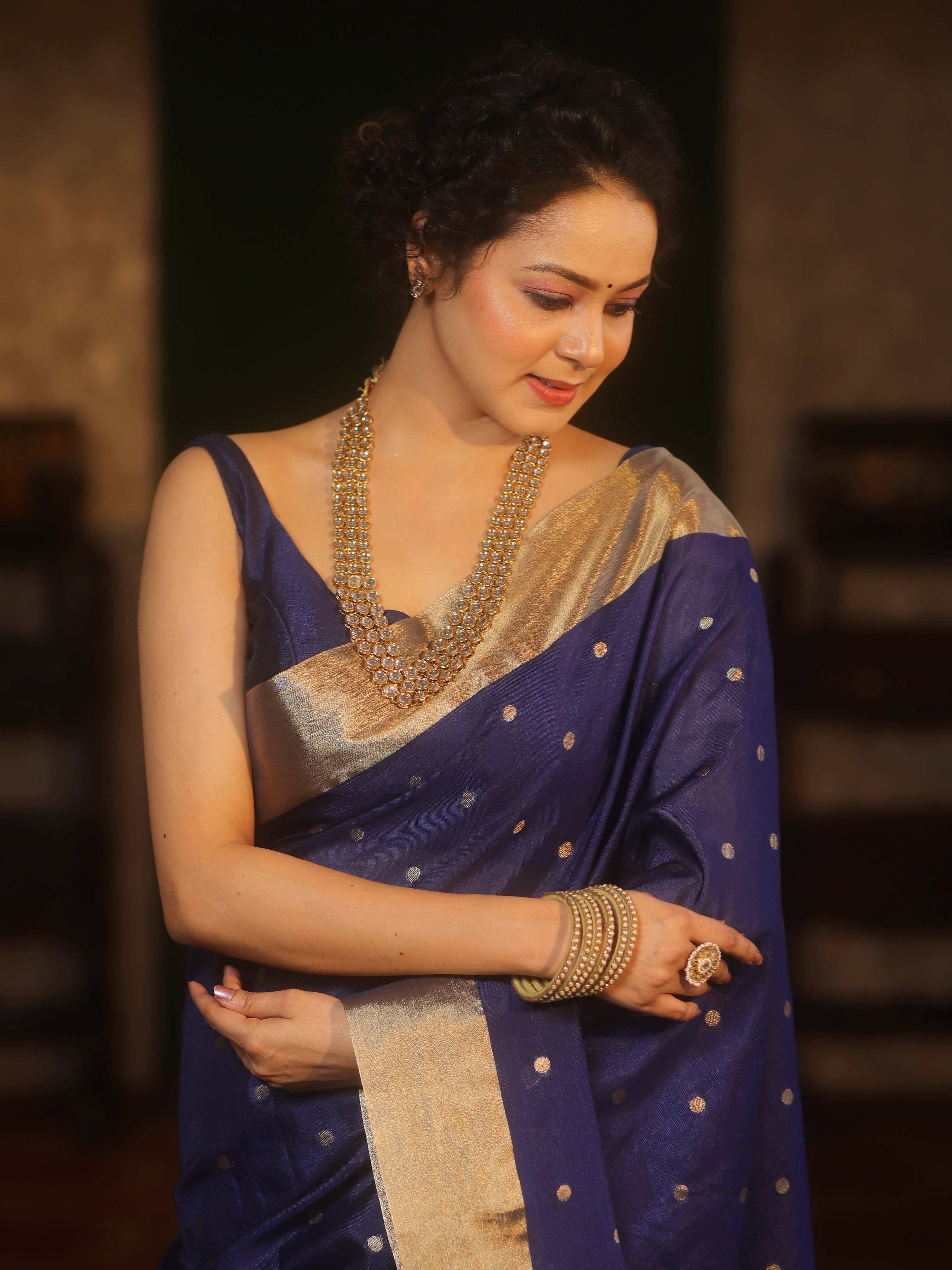 Banarasee Handwoven Semi Silk Saree With Zari Buti Design-Blue