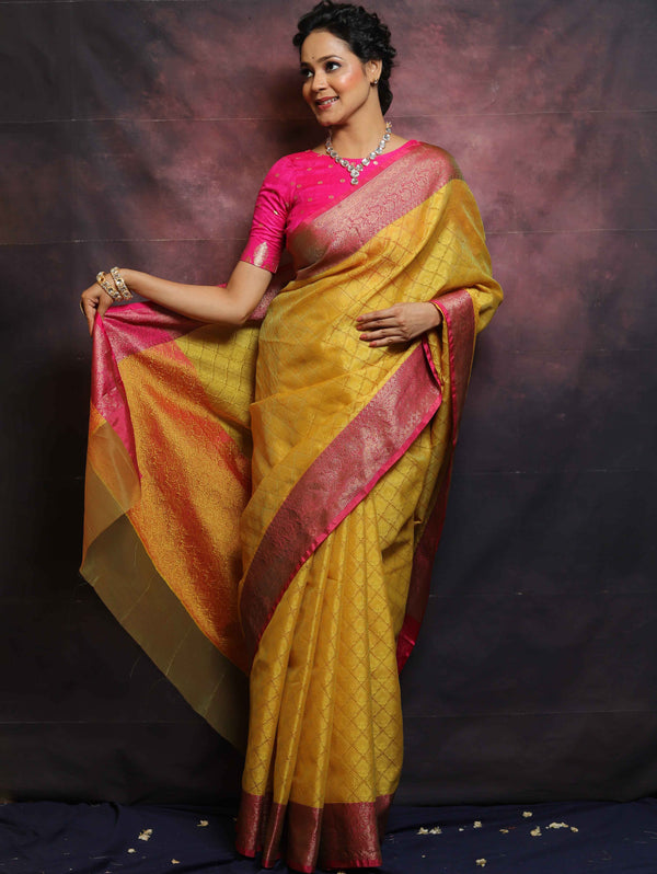 Banarasee Kora Muslin Saree With Contrast Border-Yellow & Pink