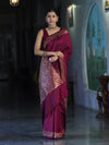 Banarasee Handloom Plain Semi Katan Saree With Gold Zari Border-Burgundy