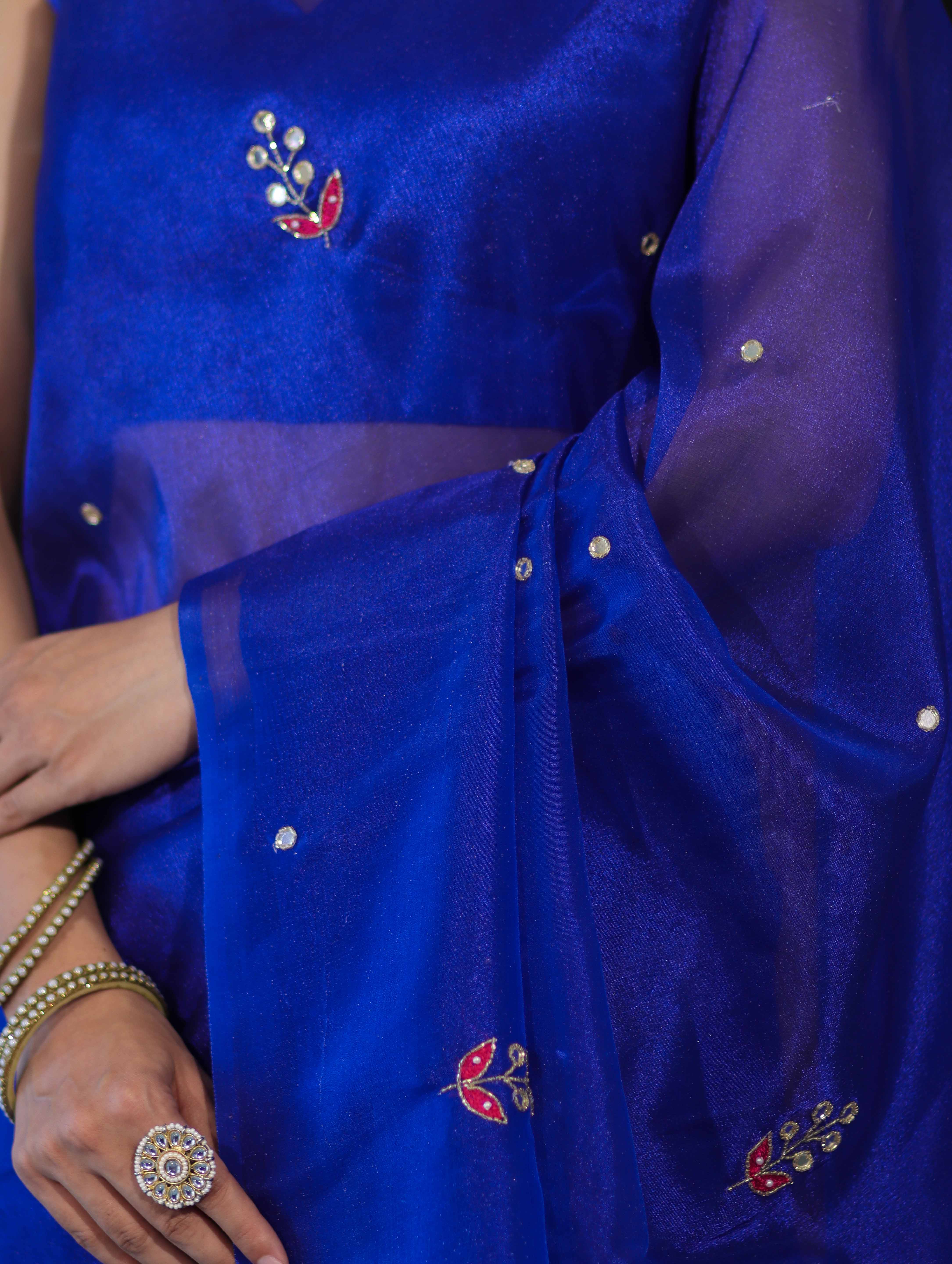Banarasee Handwoven Tissue Saree With Floral Motifs & Mirror Work-Blue