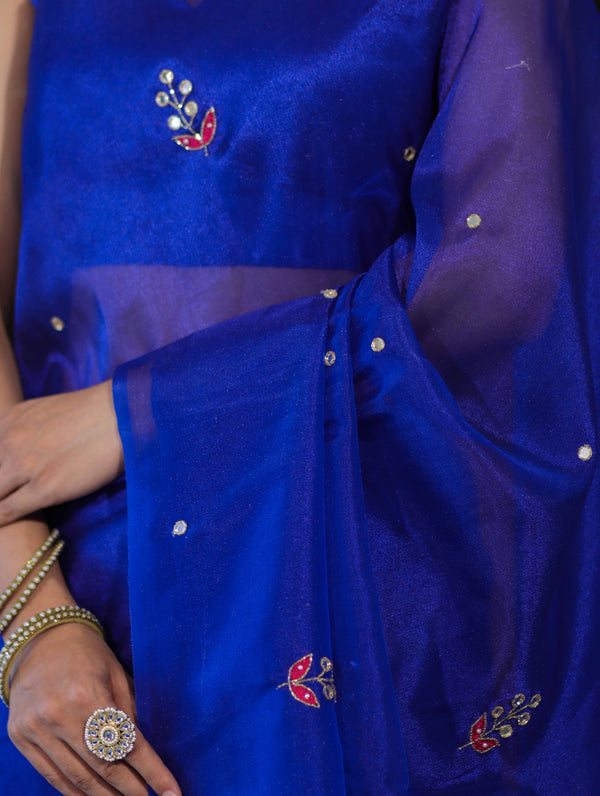 Banarasee Handwoven Tissue Saree With Floral Motifs & Mirror Work-Blue