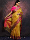 Banarasee Kora Muslin Saree With Contrast Border-Yellow & Pink