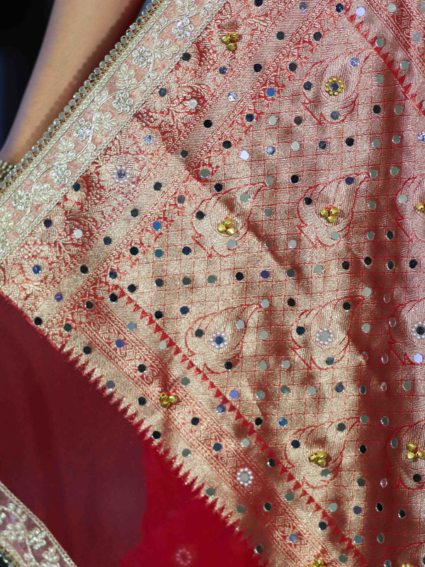 Banarasee Chiffon Hand Embroidered Saree With Mirror & Ghungroo Work-Red