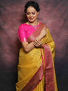 Banarasee Kora Muslin Saree With Contrast Border-Yellow & Pink