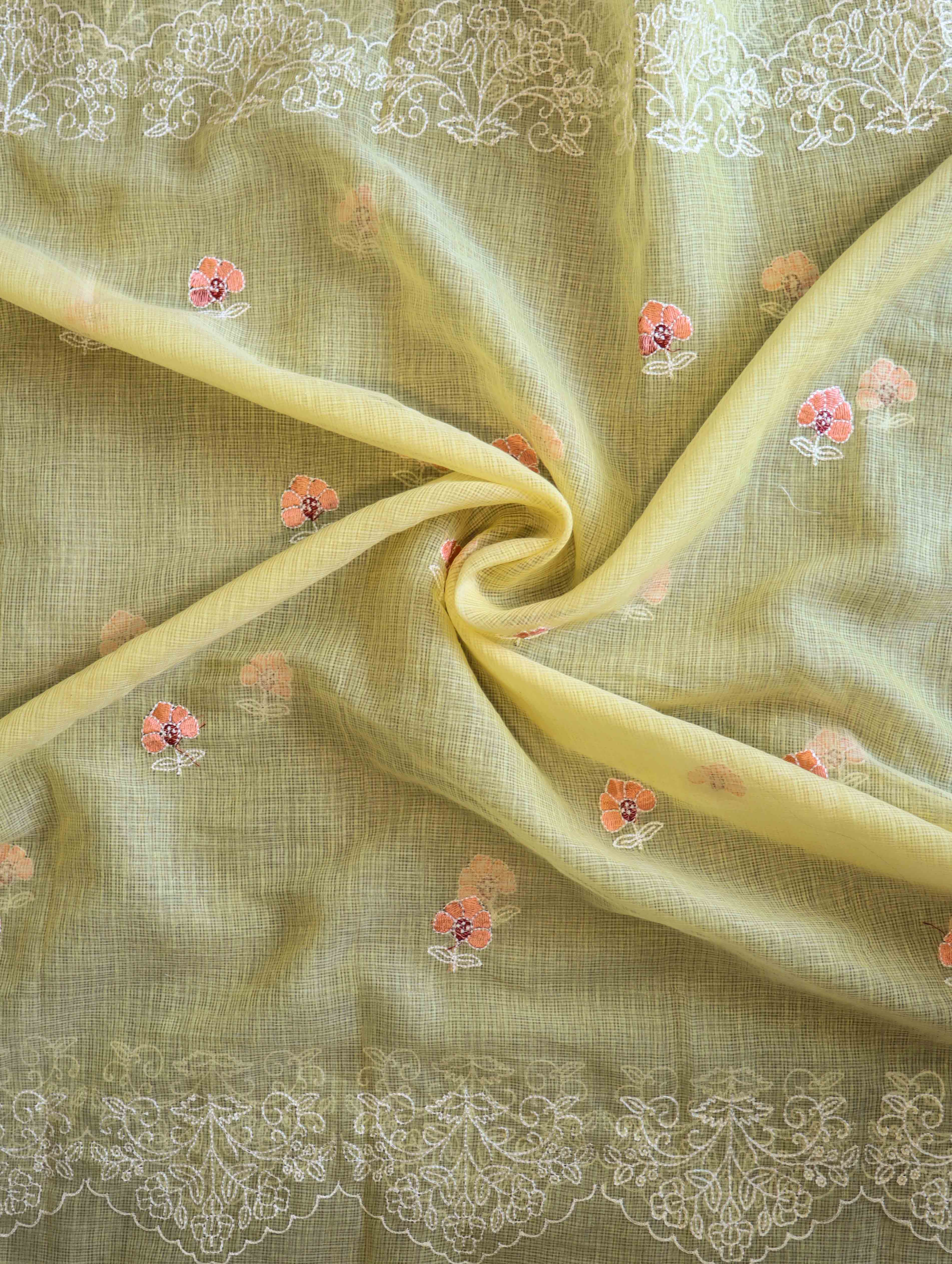 Banarasee Kota Doria Hand Embroidered Salwar Kameez Dupatta Set-Light Yellow