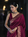 Banarasee Handloom Plain Semi Katan Saree With Gold Zari Border-Burgundy