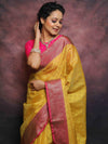 Banarasee Kora Muslin Saree With Contrast Border-Yellow & Pink