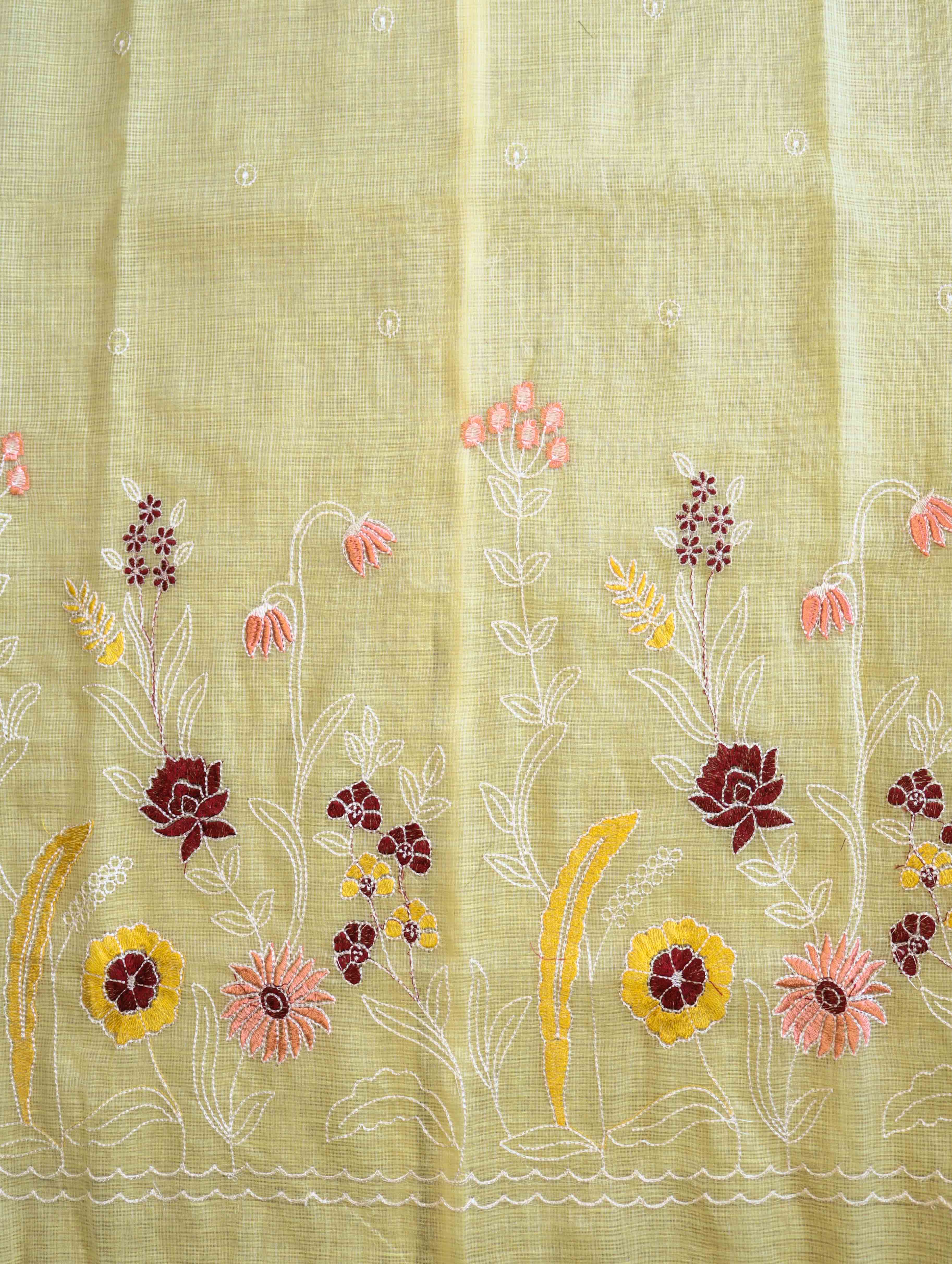 Banarasee Kota Doria Hand Embroidered Salwar Kameez Dupatta Set-Light Yellow