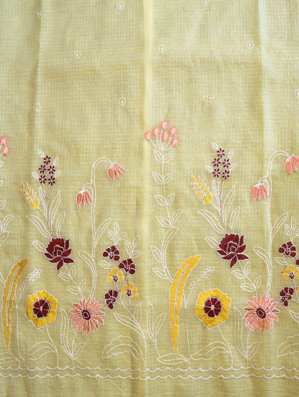 Banarasee Kota Doria Hand Embroidered Salwar Kameez Dupatta Set-Light Yellow