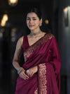 Banarasee Handloom Plain Semi Katan Saree With Gold Zari Border-Burgundy