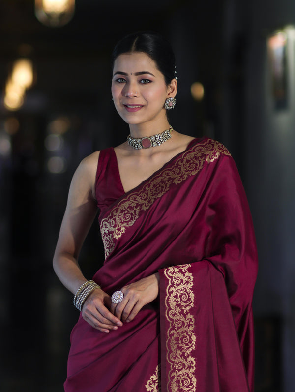 Banarasee Handloom Plain Semi Katan Saree With Gold Zari Border-Burgundy
