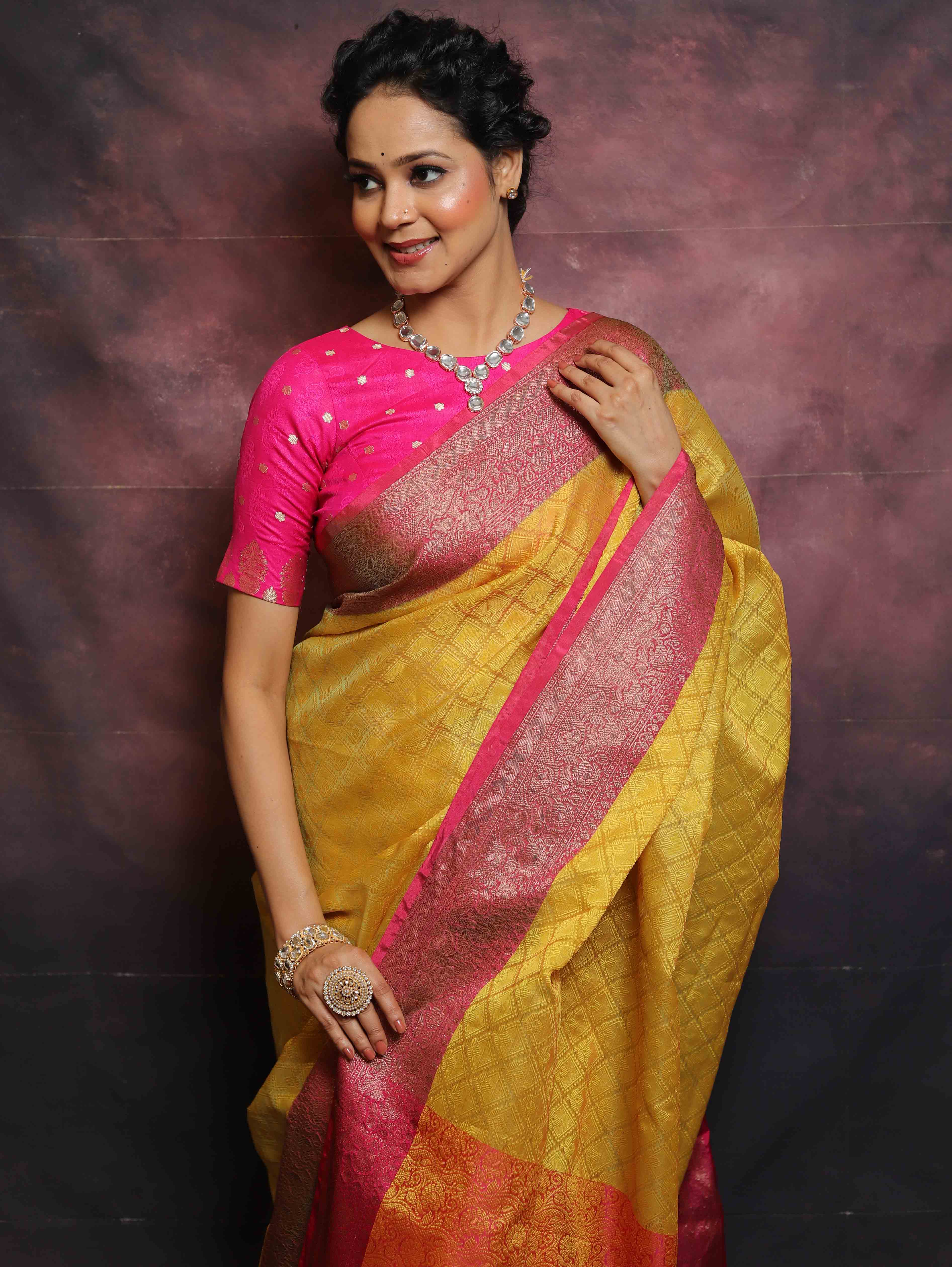 Banarasee Kora Muslin Saree With Contrast Border-Yellow & Pink