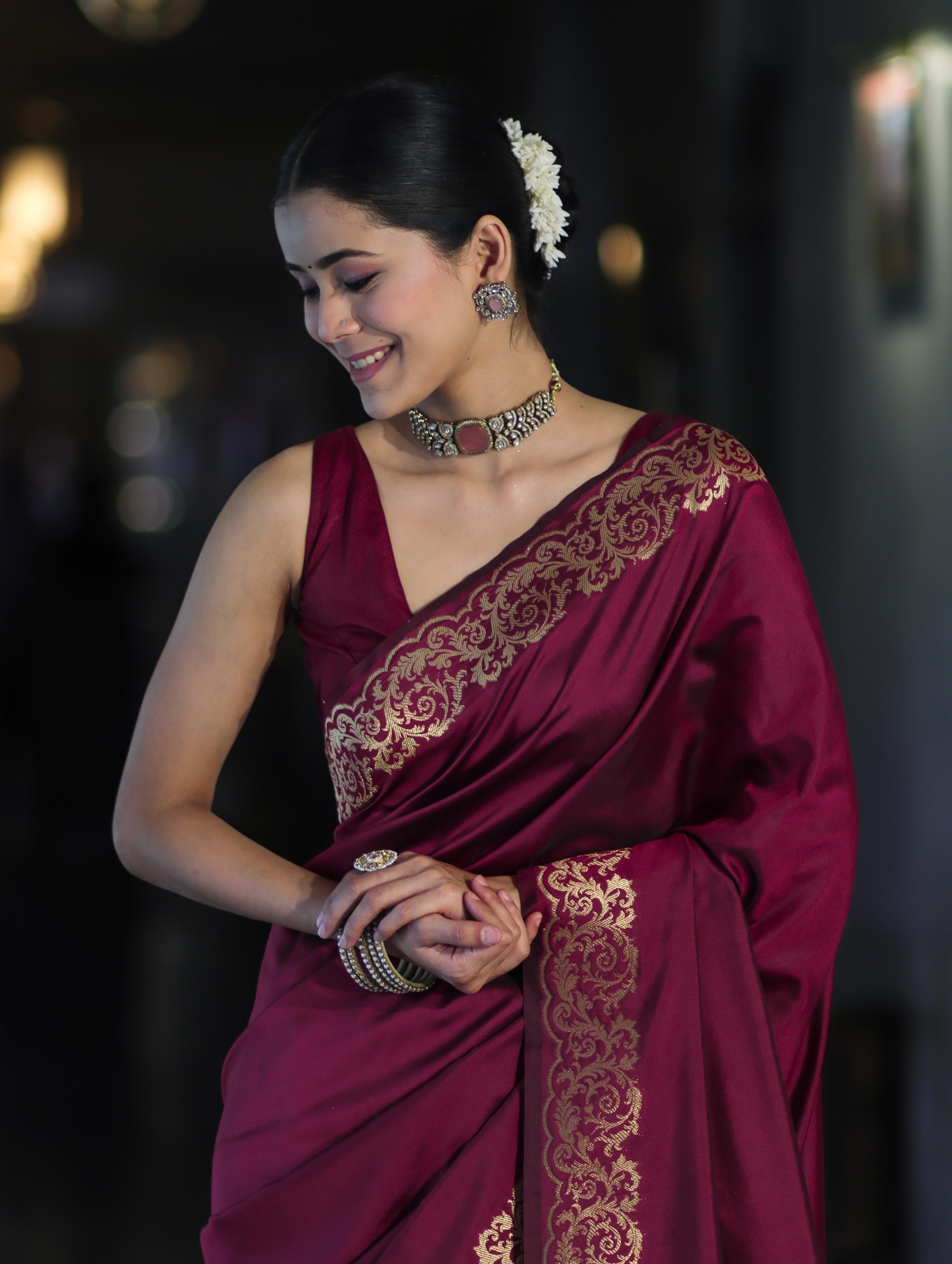 Banarasee Handloom Plain Semi Katan Saree With Gold Zari Border-Burgundy