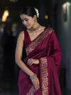 Banarasee Handloom Plain Semi Katan Saree With Gold Zari Border-Burgundy