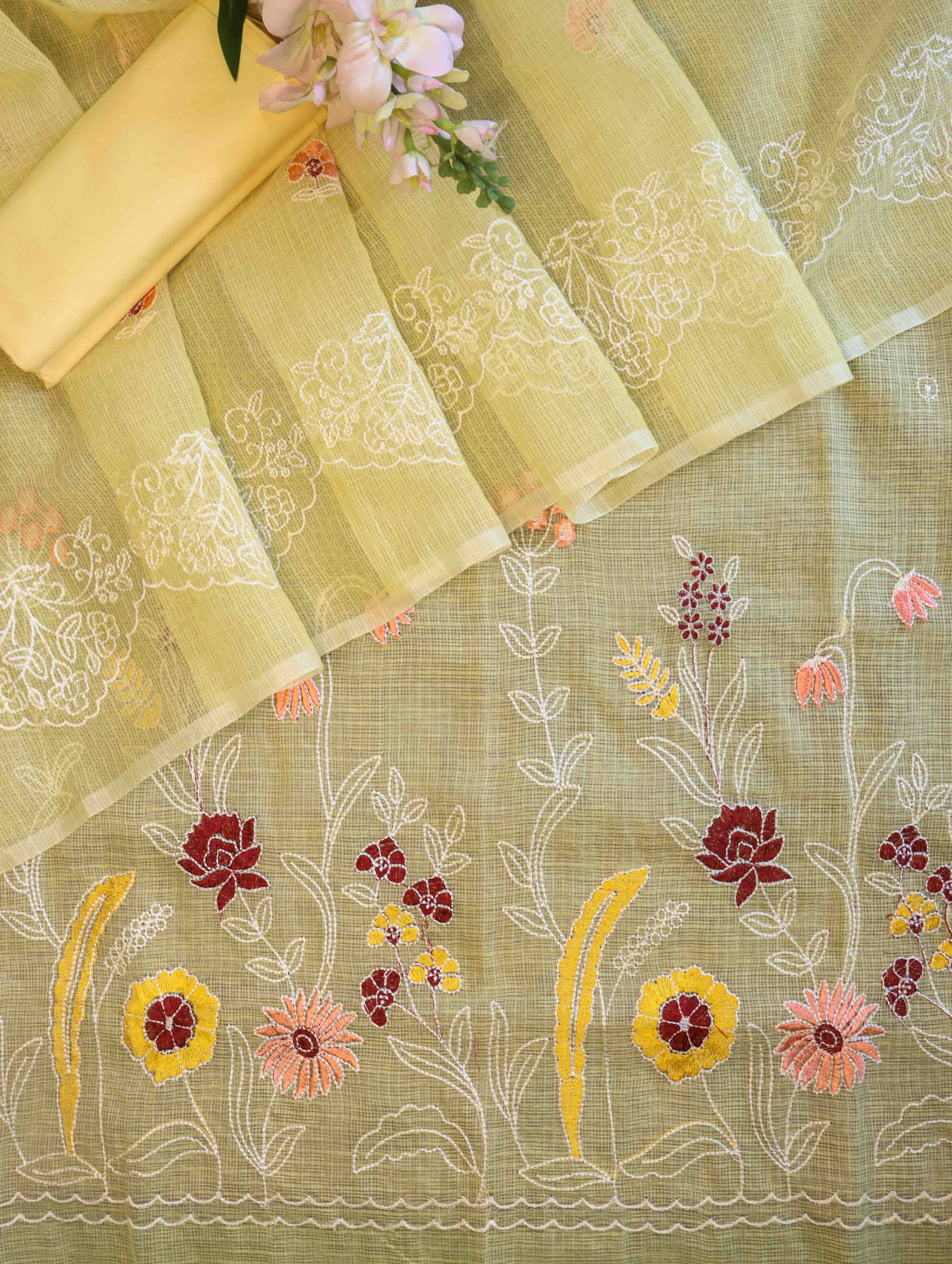 Banarasee Kota Doria Hand Embroidered Salwar Kameez Dupatta Set-Light Yellow