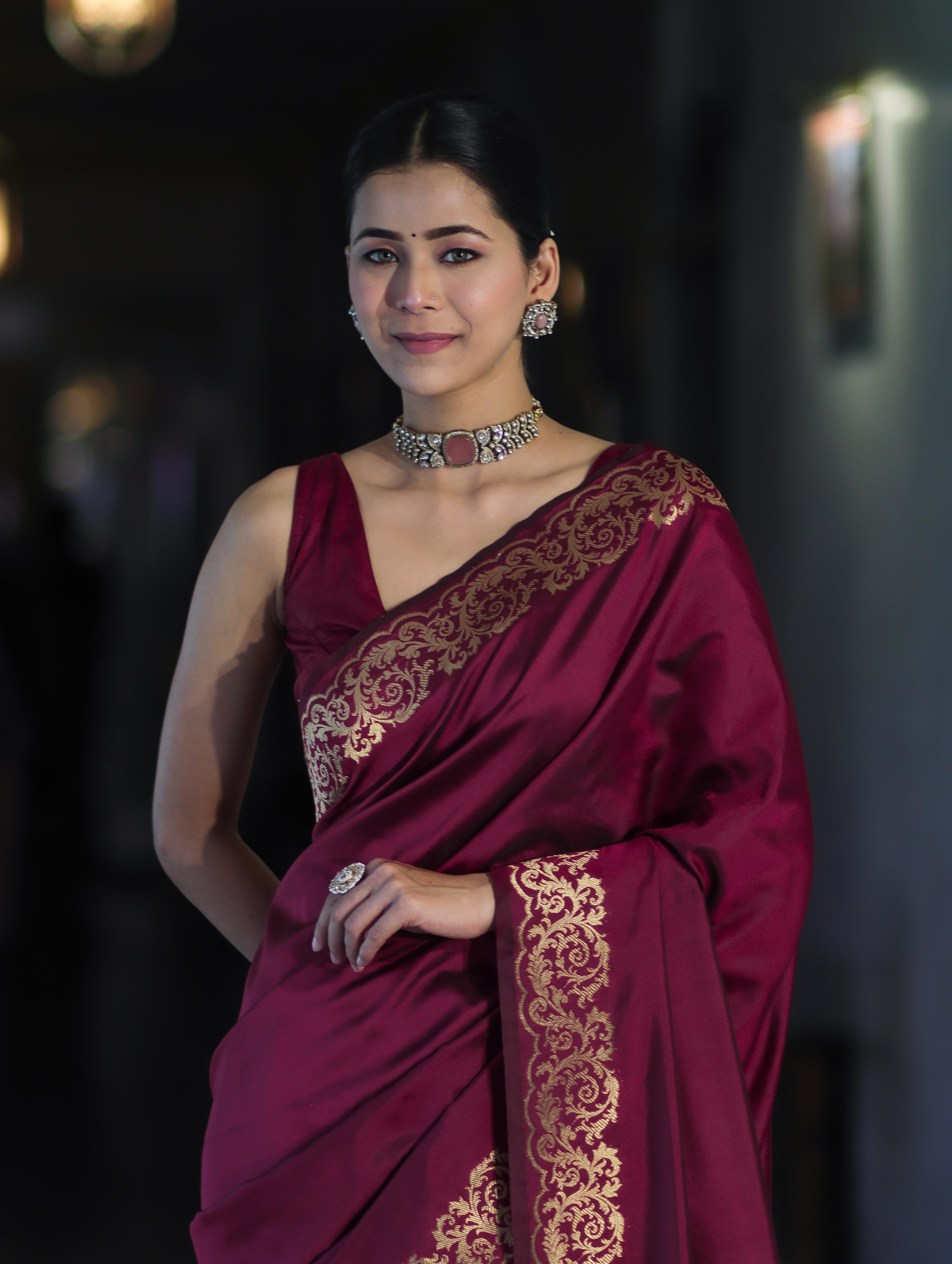 Banarasee Handloom Plain Semi Katan Saree With Gold Zari Border-Burgundy