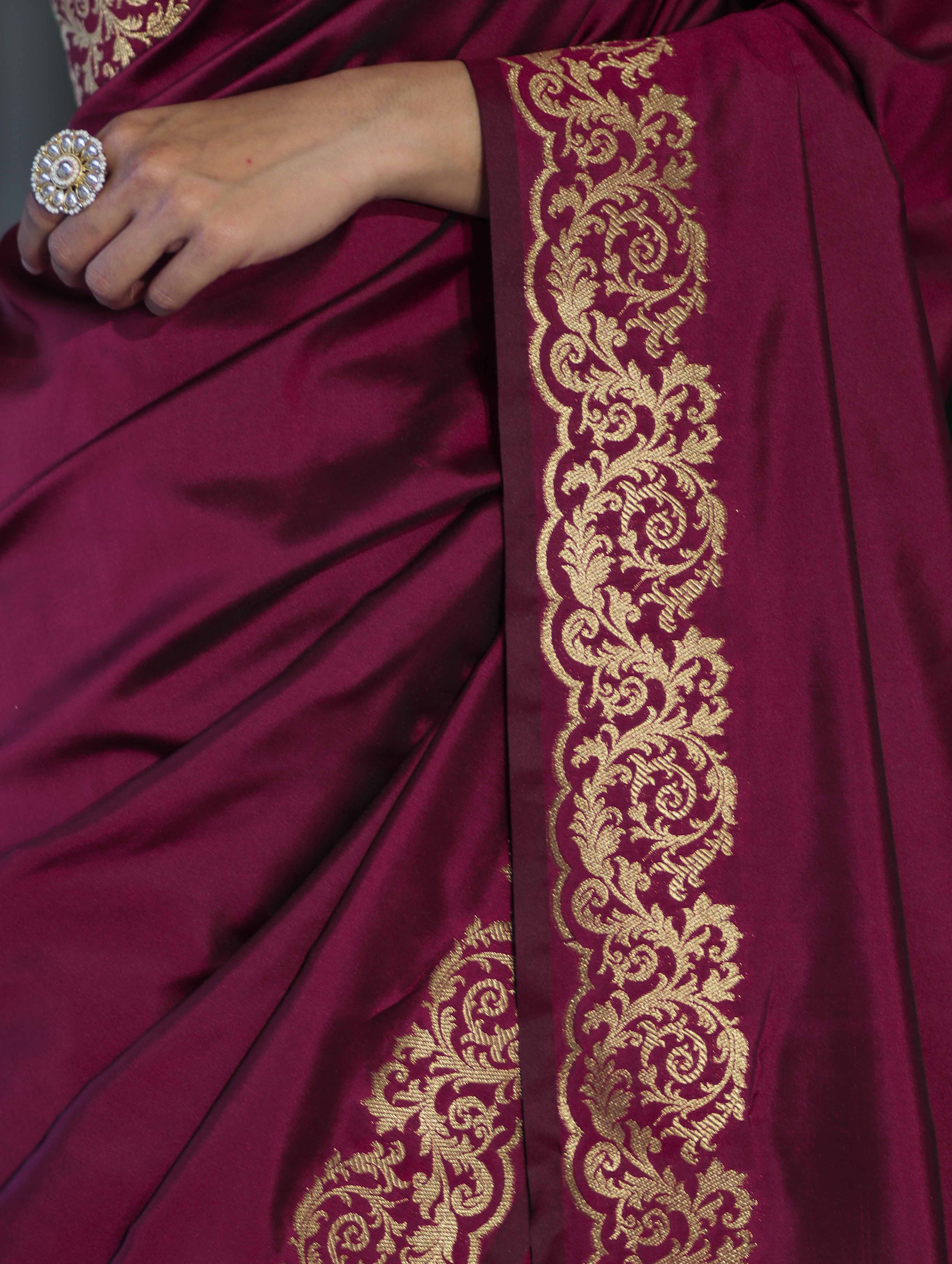 Banarasee Handloom Plain Semi Katan Saree With Gold Zari Border-Burgundy