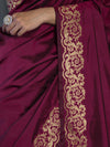 Banarasee Handloom Plain Semi Katan Saree With Gold Zari Border-Burgundy