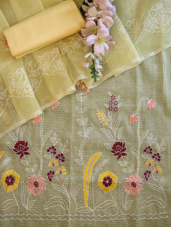 Banarasee Kota Doria Hand Embroidered Salwar Kameez Dupatta Set-Light Yellow