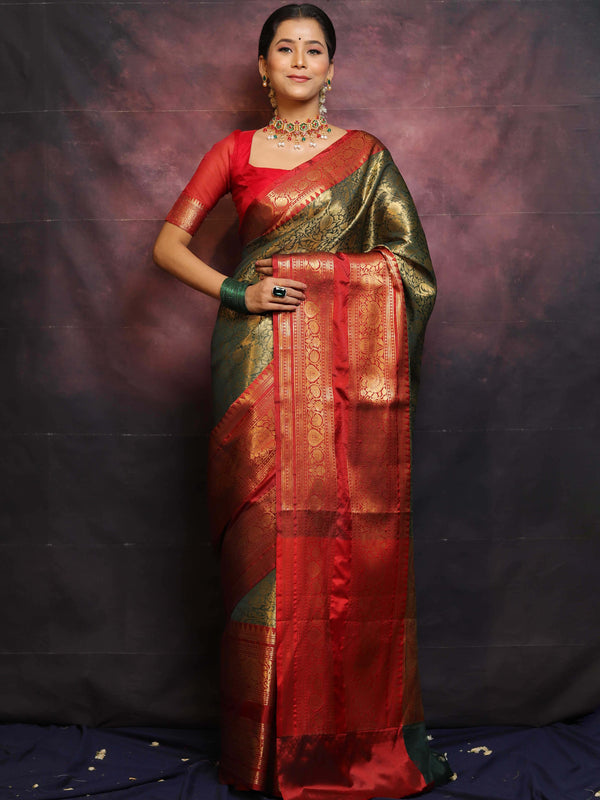 Banarasee Art Silk Saree With Buta Design & Contrast Broad Border-Green & Red