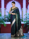 Banarasee Dual Tone Semi Katan Saree With Zari Buti Design & Floral Border-Green (Violet Tone)