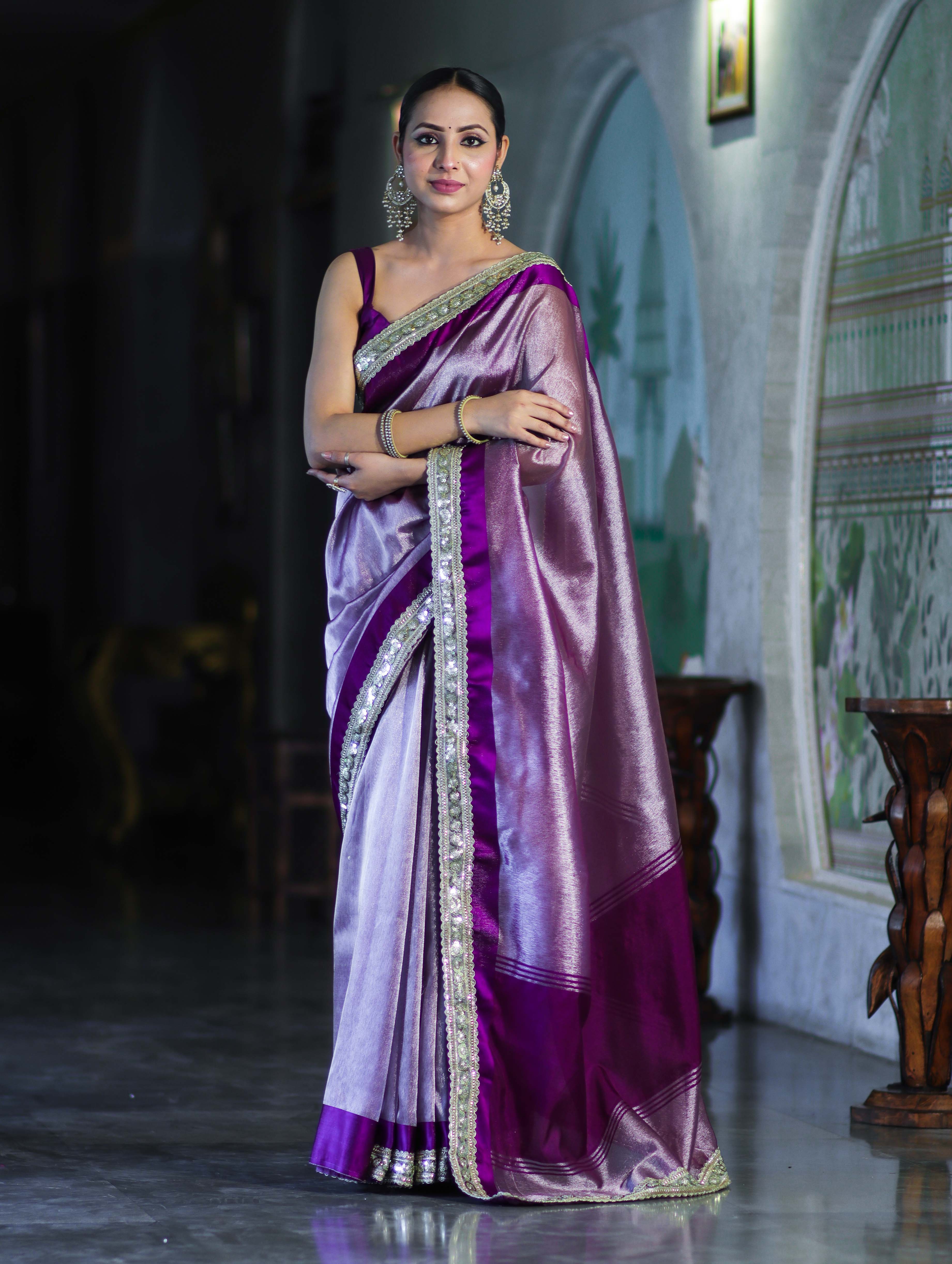 Banarasee Handloom Plain Tissue Saree With Lace Border-Purple
