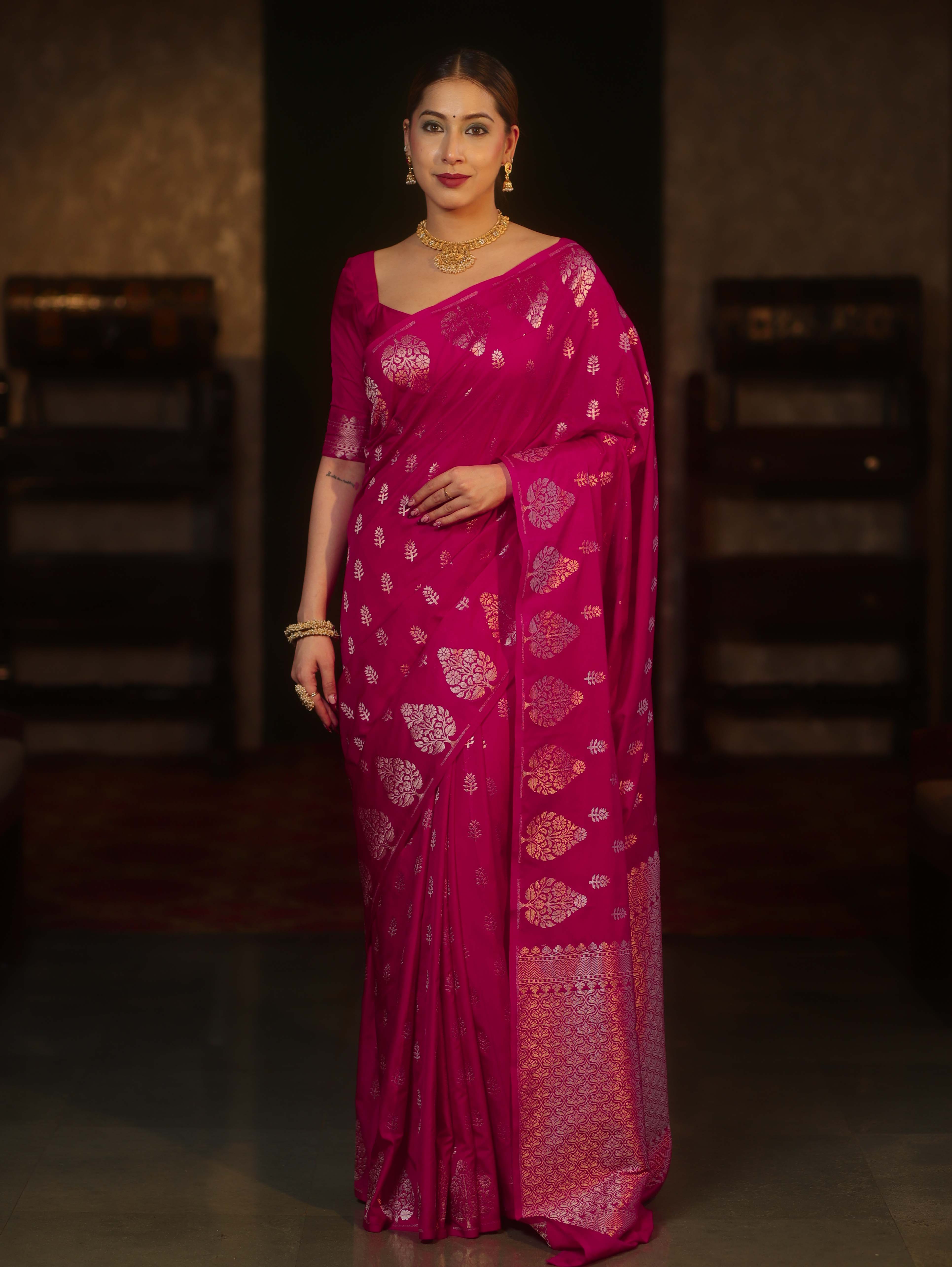 Banarasee Handwoven Semi Katan Saree With Zari Buti Design & Border-Rani Pink