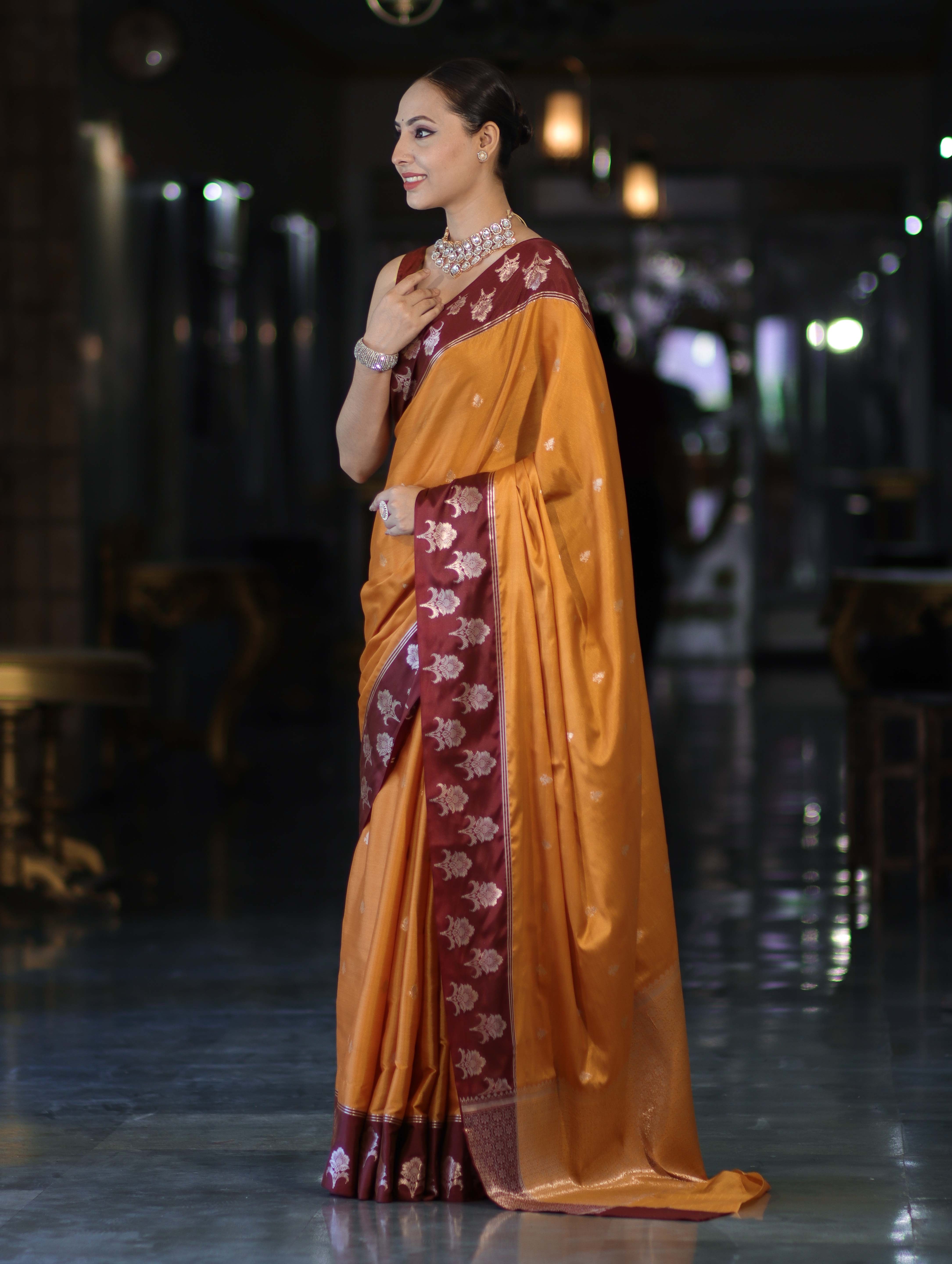 Banarasee Handloom Dual Tone Semi Silk Saree With Buti Design & Contrast Border-Yellow & Burgundy