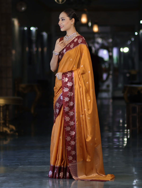 Banarasee Handloom Dual Tone Semi Silk Saree With Buti Design & Contrast Border-Yellow & Burgundy