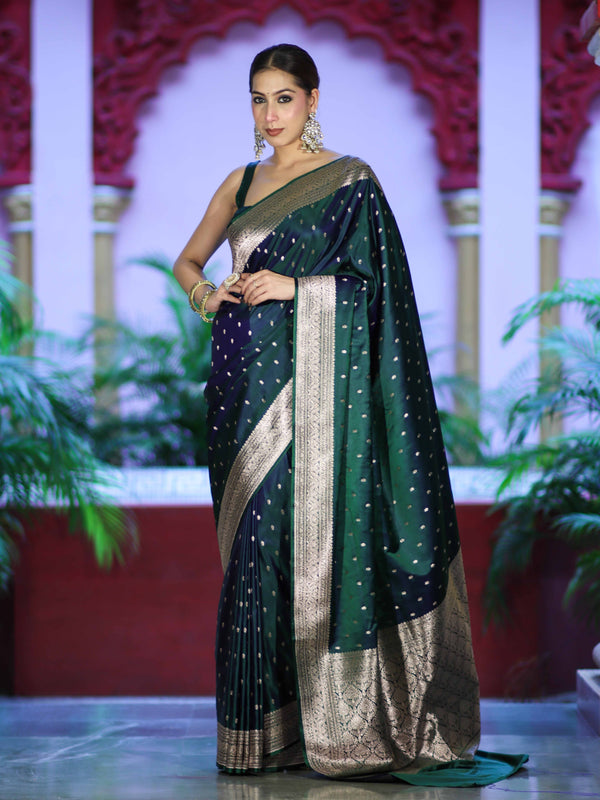 Banarasee Dual Tone Semi Katan Saree With Zari Buti Design & Floral Border-Green (Violet Tone)