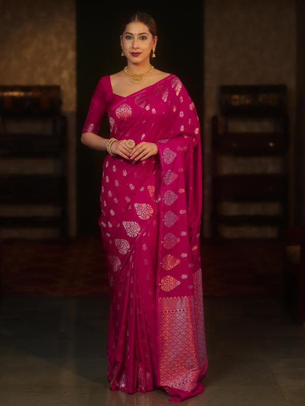 Banarasee Handwoven Semi Katan Saree With Zari Buti Design & Border-Rani Pink