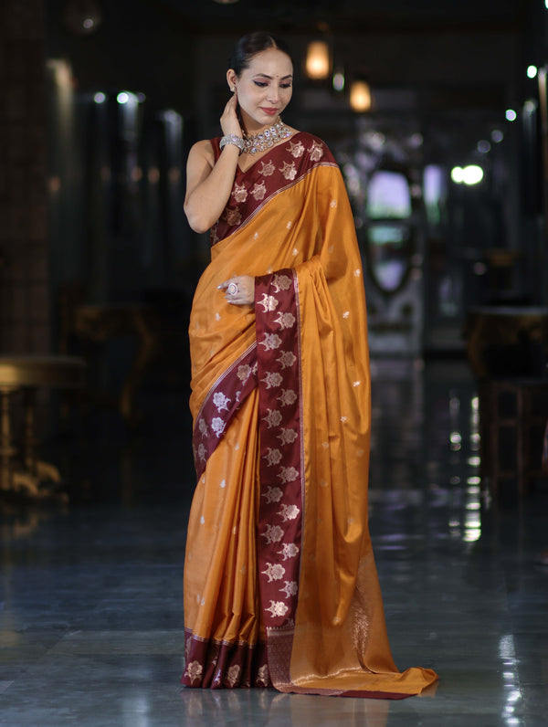 Banarasee Handloom Dual Tone Semi Silk Saree With Buti Design & Contrast Border-Yellow & Burgundy