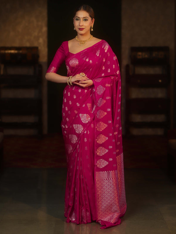 Banarasee Handwoven Semi Katan Saree With Zari Buti Design & Border-Rani Pink