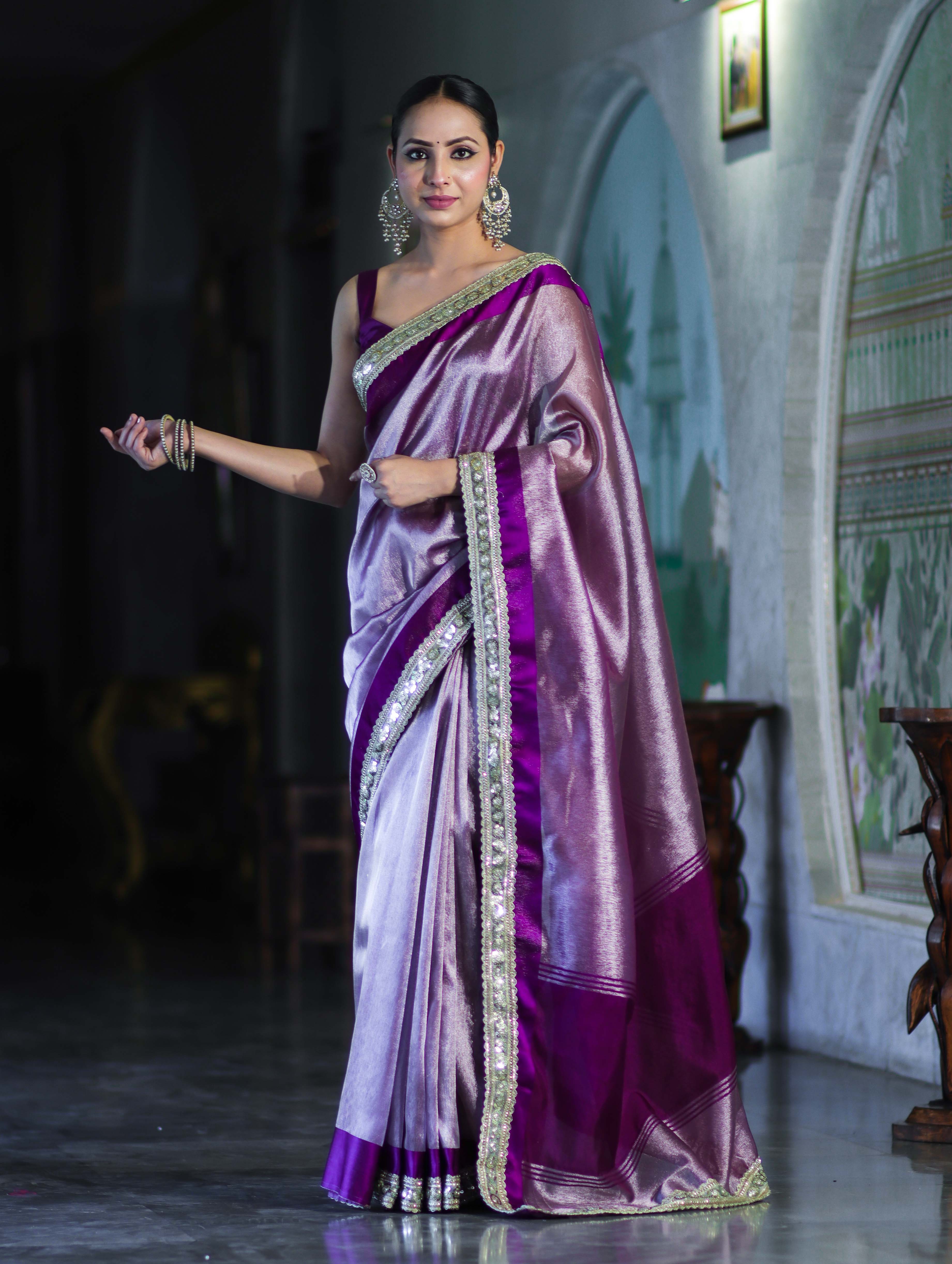 Banarasee Handloom Plain Tissue Saree With Lace Border-Purple