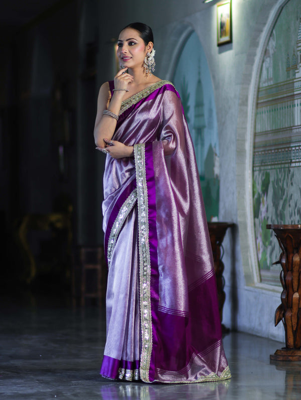 Banarasee Handloom Plain Tissue Saree With Lace Border-Purple
