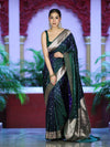 Banarasee Dual Tone Semi Katan Saree With Zari Buti Design & Floral Border-Green (Violet Tone)