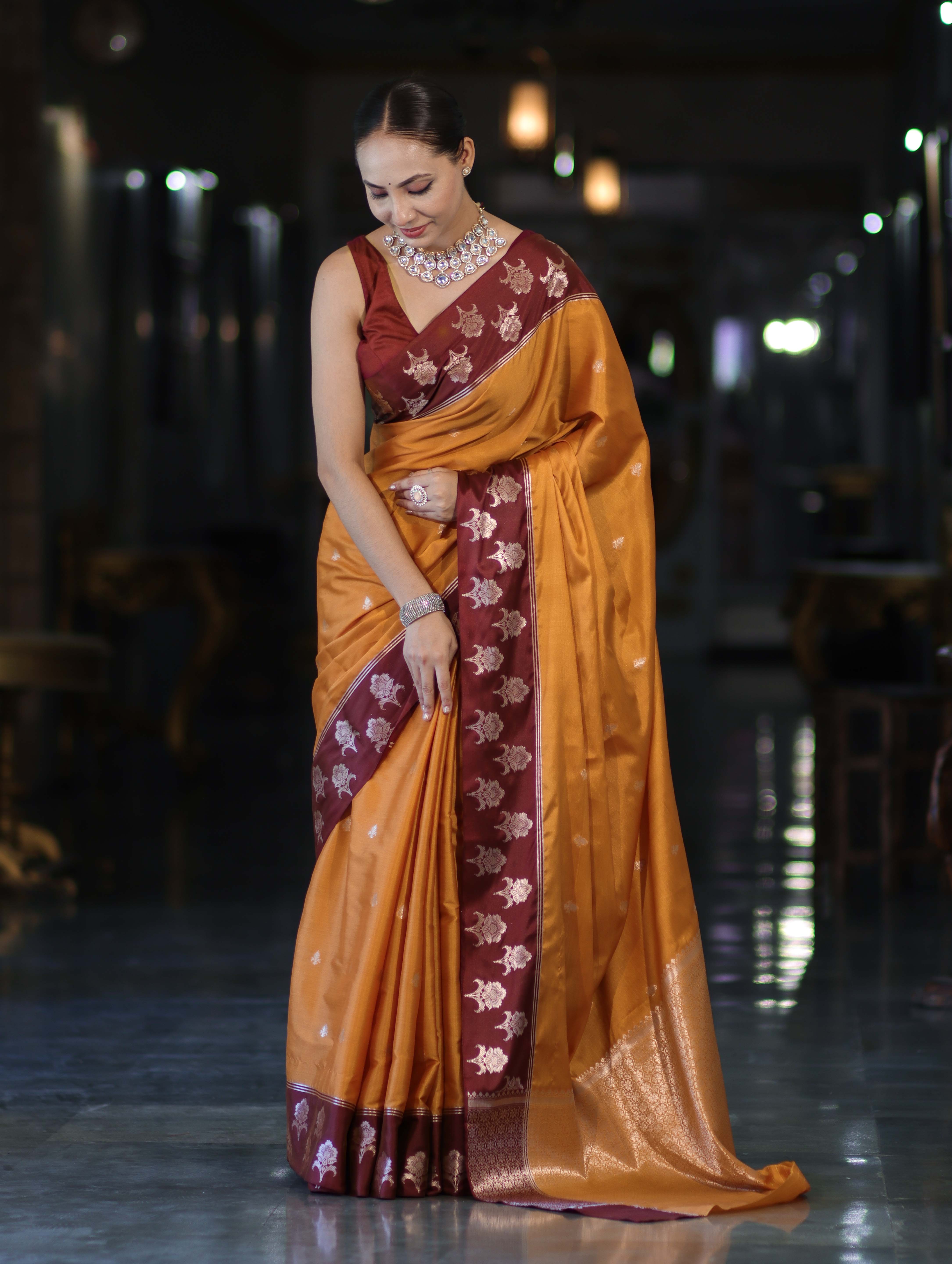 Banarasee Handloom Dual Tone Semi Silk Saree With Buti Design & Contrast Border-Yellow & Burgundy
